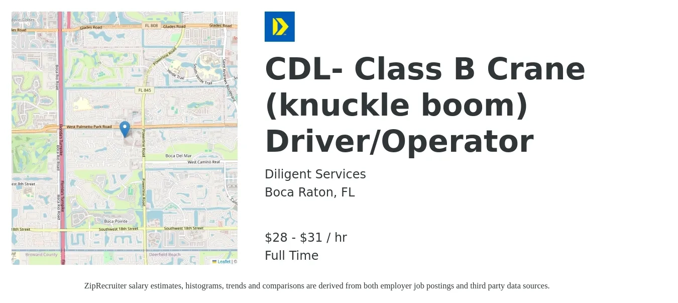 Diligent Services job posting for a CDL- Class B Crane (knuckle boom) Driver/Operator in Boca Raton, FL with a salary of $30 to $33 Hourly with a map of Boca Raton location.