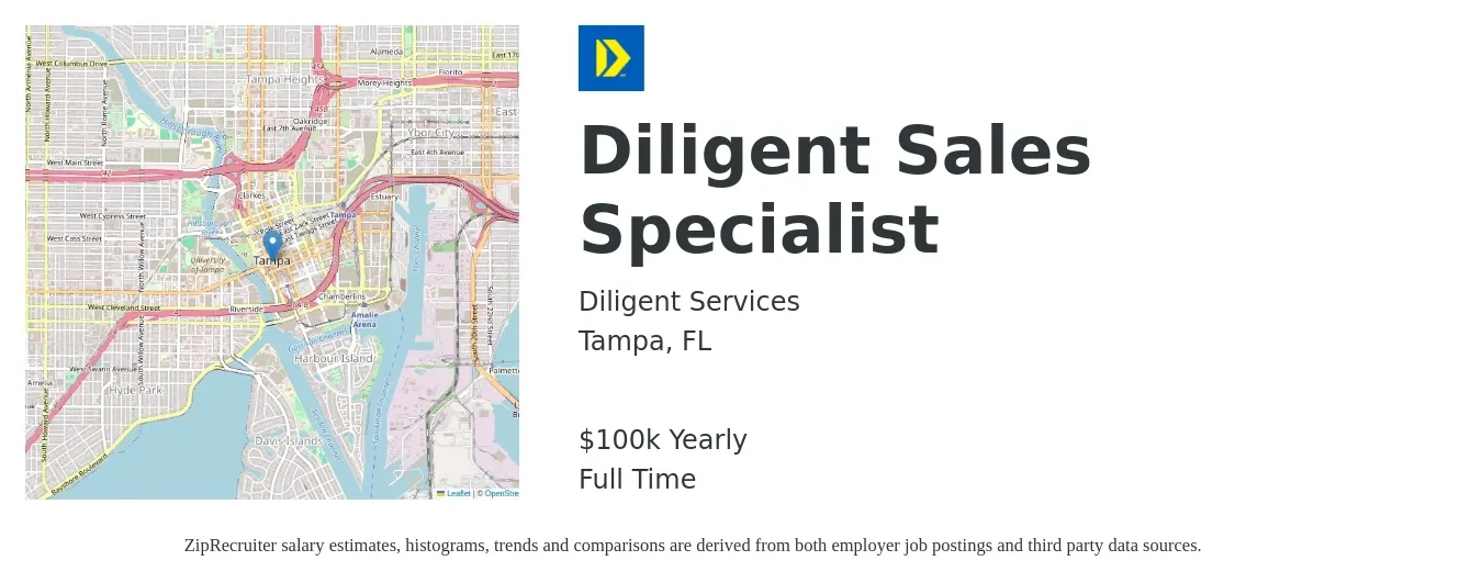 Diligent Services job posting for a Diligent Sales Specialist in Tampa, FL with a salary of $100,000 Yearly with a map of Tampa location.