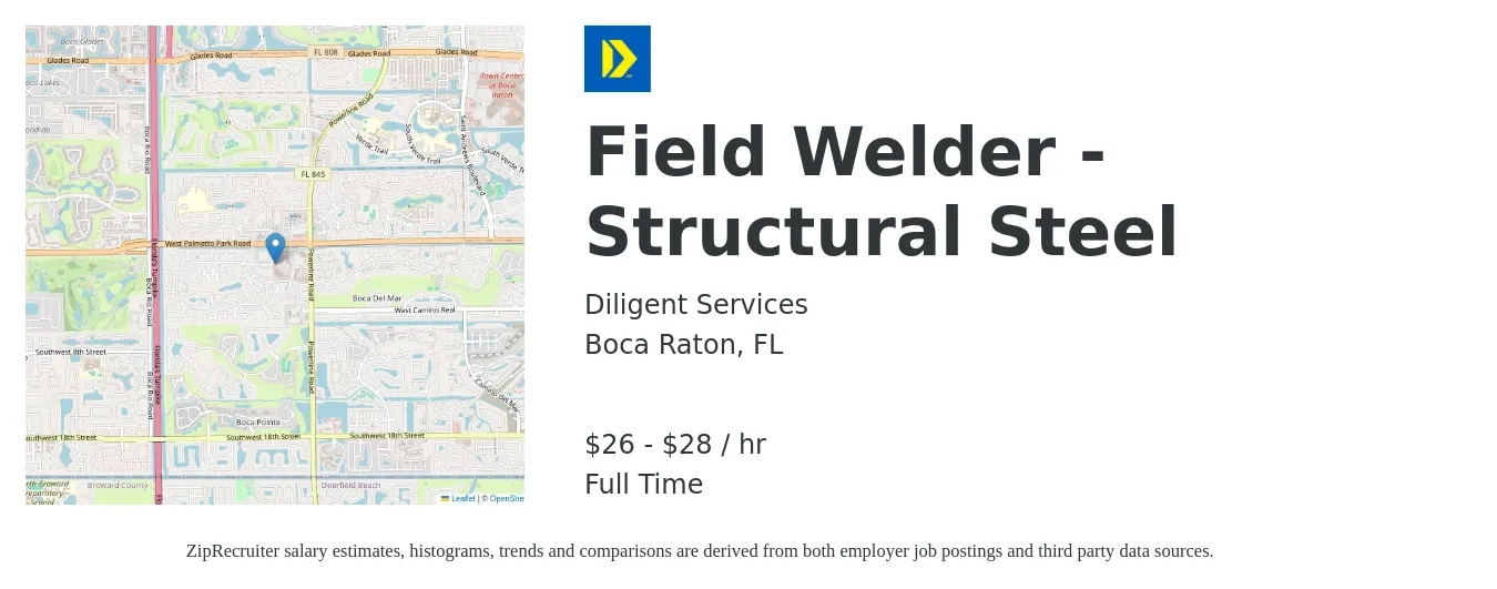 Diligent Services job posting for a Field Welder - Structural Steel in Boca Raton, FL with a salary of $28 to $30 Hourly with a map of Boca Raton location.