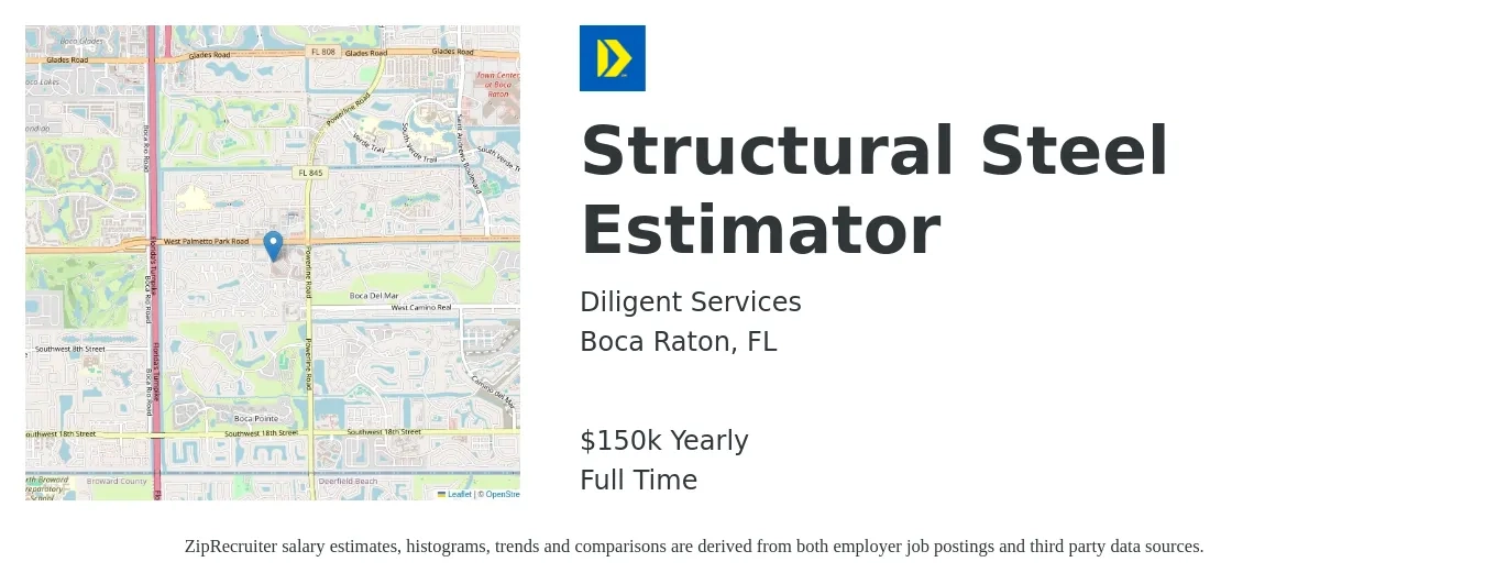 Diligent Services job posting for a Structural Steel Estimator in Boca Raton, FL with a salary of $150,000 Yearly with a map of Boca Raton location.