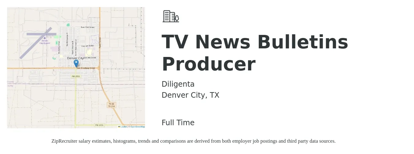 Diligenta job posting for a TV News Bulletins Producer in Denver City, TX with a salary of $15 to $26 Hourly with a map of Denver City location.