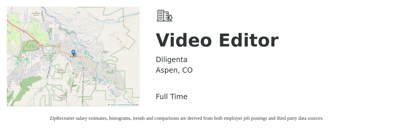 Diligenta job posting for a Video Editor in Aspen, CO with a salary of $27 to $50 Hourly with a map of Aspen location.