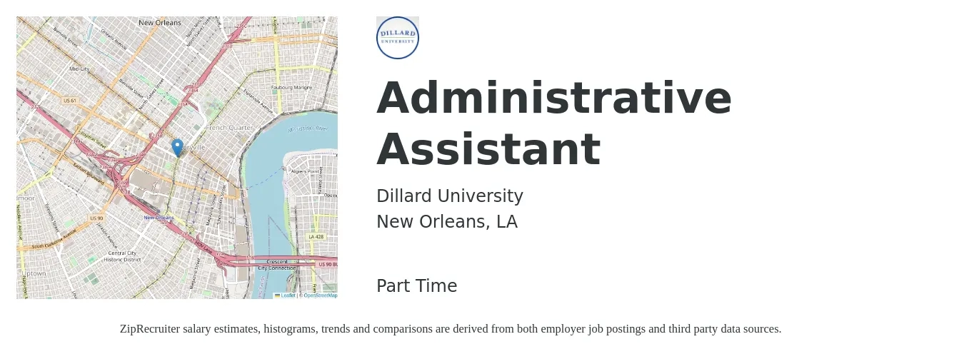 Dillard University job posting for a Administrative Assistant in New Orleans, LA with a salary of $17 to $23 Hourly with a map of New Orleans location.