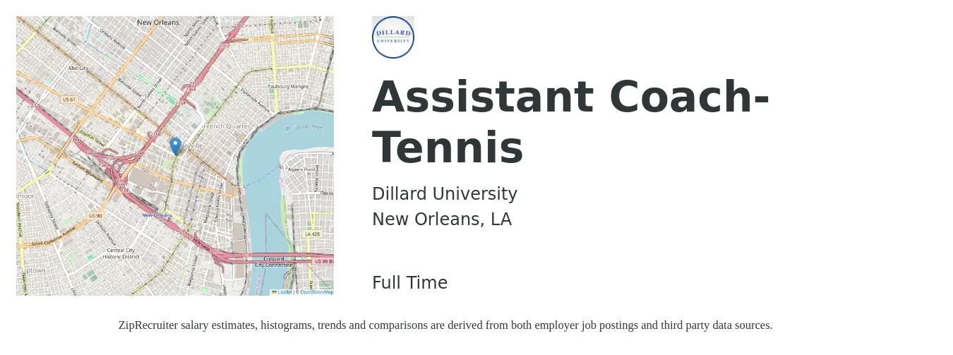 Dillard University job posting for a Assistant Coach-Tennis in New Orleans, LA with a salary of $16 to $22 Hourly with a map of New Orleans location.