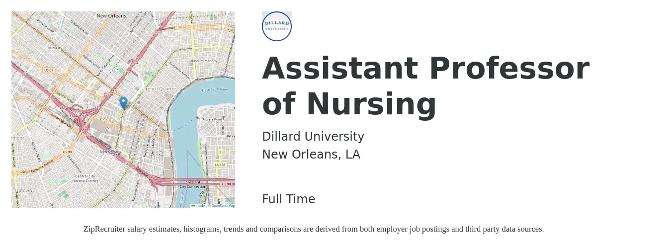 Dillard University job posting for a Assistant Professor of Nursing in New Orleans, LA with a salary of $58,000 to $75,500 Yearly with a map of New Orleans location.