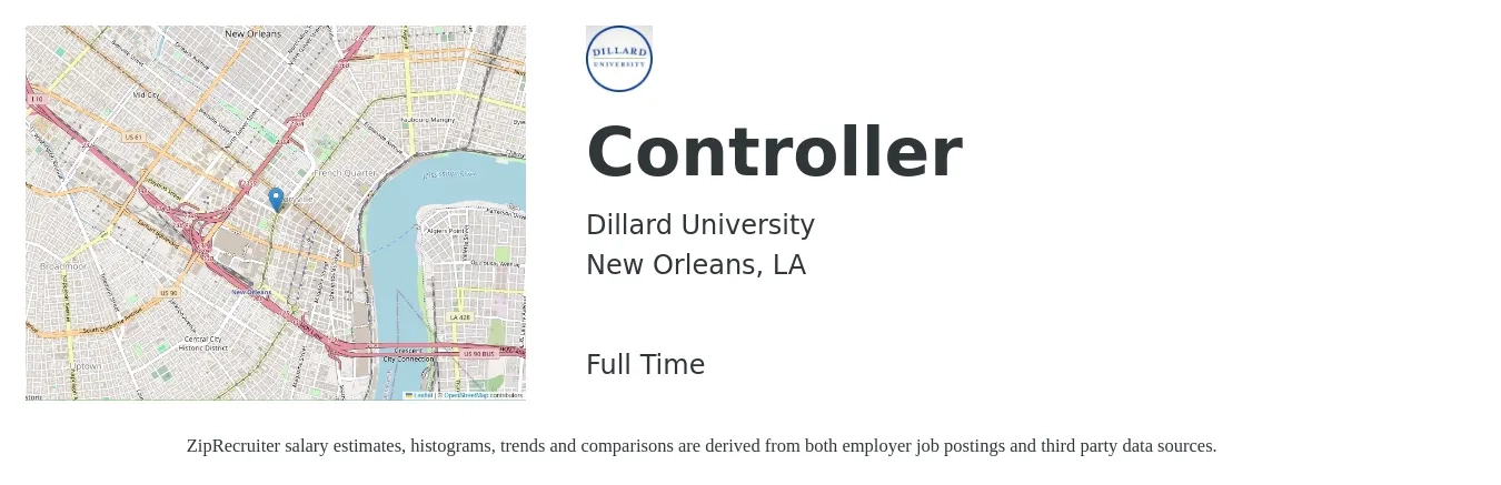 Dillard University job posting for a Controller in New Orleans, LA with a salary of $92,200 to $131,600 Yearly with a map of New Orleans location.