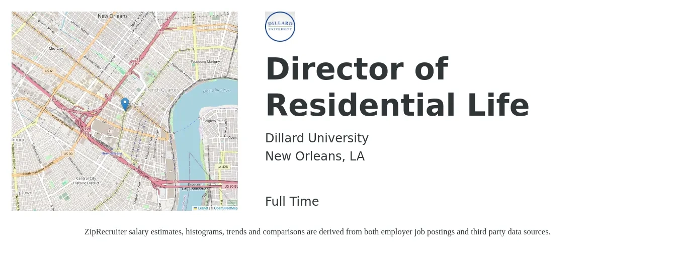 Dillard University job posting for a Director of Residential Life in New Orleans, LA with a salary of $57,000 to $91,200 Yearly with a map of New Orleans location.