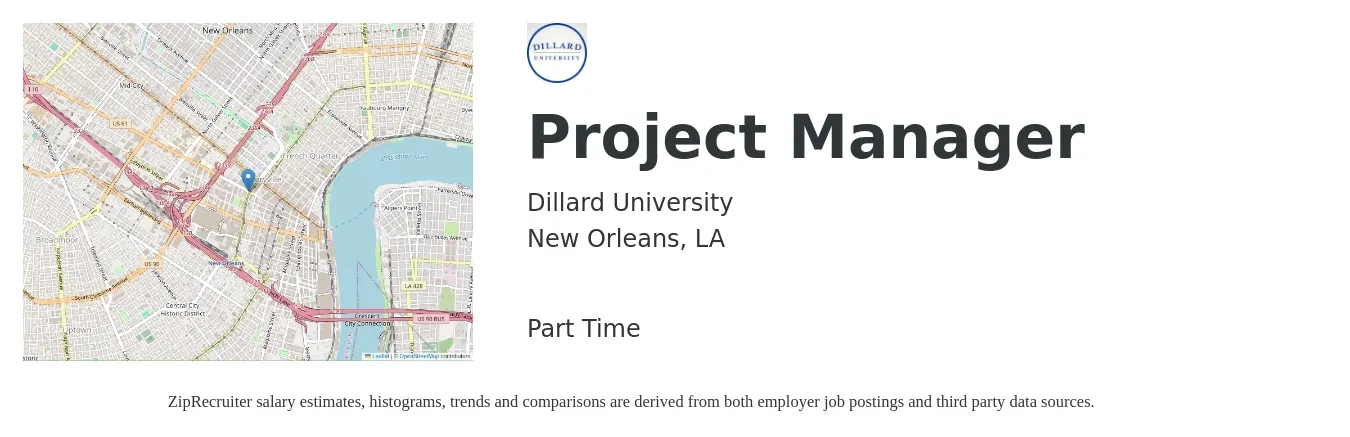 Dillard University job posting for a Project Manager in New Orleans, LA with a salary of $74,600 to $116,900 Yearly with a map of New Orleans location.