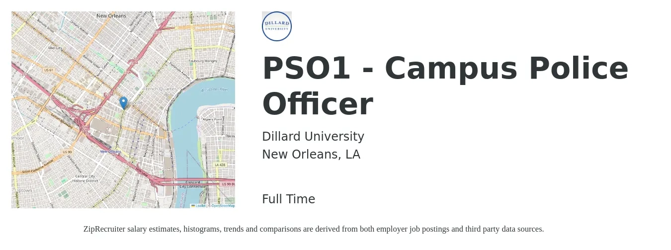 Dillard University job posting for a PSO1 - Campus Police Officer in New Orleans, LA with a salary of $36,600 to $52,700 Yearly with a map of New Orleans location.