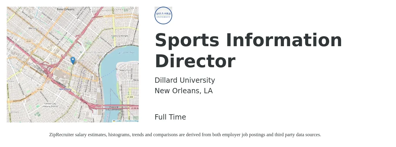 Dillard University job posting for a Sports Information Director in New Orleans, LA with a salary of $43,700 to $106,900 Yearly with a map of New Orleans location.