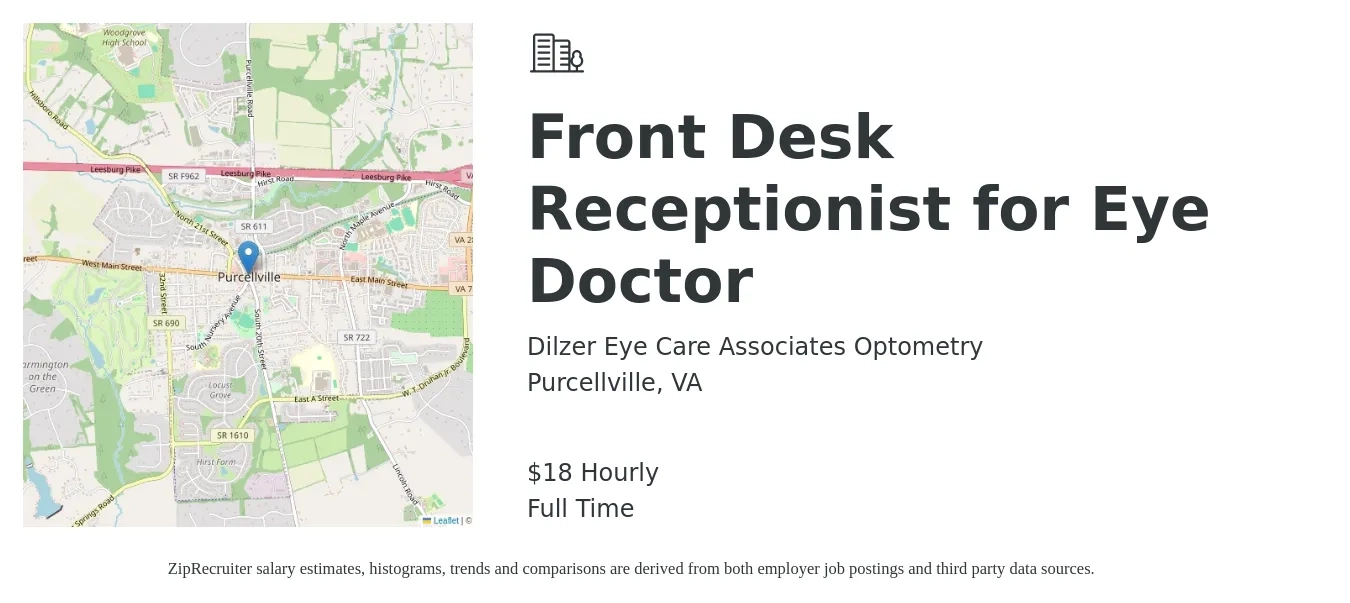 Dilzer Eye Care Associates Optometry job posting for a Front Desk Receptionist for Eye Doctor in Purcellville, VA with a salary of $19 Hourly with a map of Purcellville location.