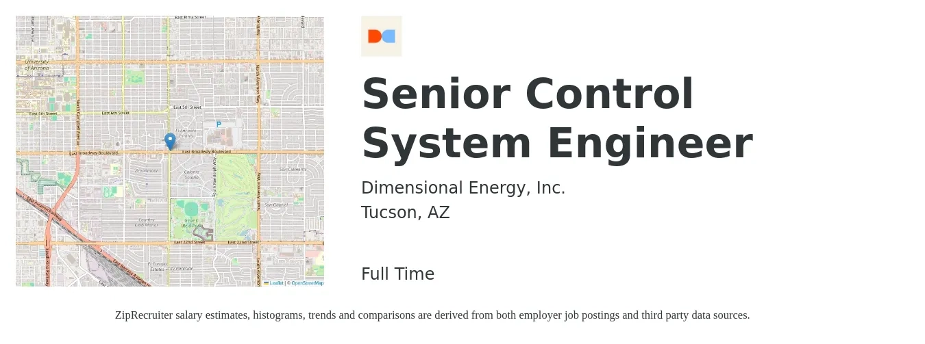 DIMENSIONAL ENERGY INC job posting for a Senior Control System Engineer in Tucson, AZ with a salary of $120,000 to $160,000 Yearly with a map of Tucson location.