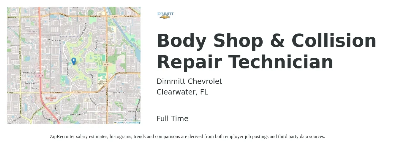 Dimmitt Chevrolet job posting for a Body Shop & Collision Repair Technician in Clearwater, FL with a salary of $18 to $28 Hourly with a map of Clearwater location.