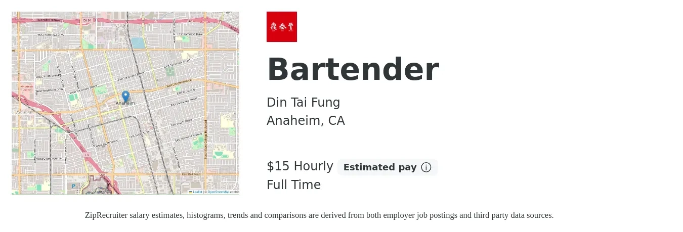Din Tai Fung job posting for a Bartender in Anaheim, CA with a salary of $16 Hourly with a map of Anaheim location.