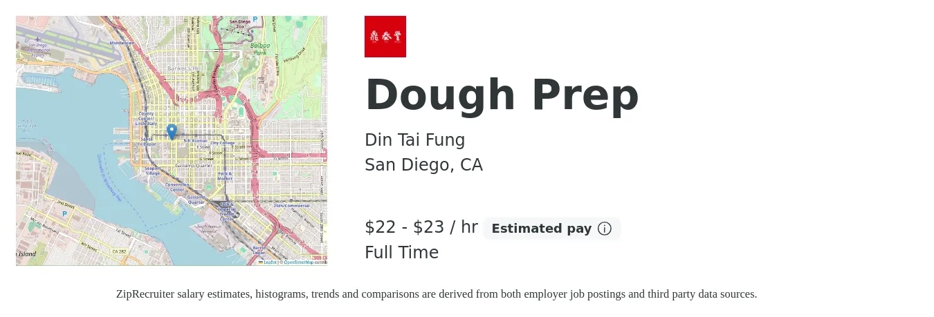 Din Tai Fung job posting for a Dough Prep in San Diego, CA with a salary of $23 to $24 Hourly with a map of San Diego location.