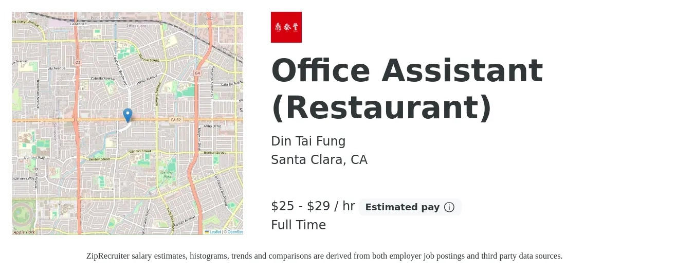 Din Tai Fung job posting for a Office Assistant (Restaurant) in Santa Clara, CA with a salary of $27 to $31 Hourly with a map of Santa Clara location.