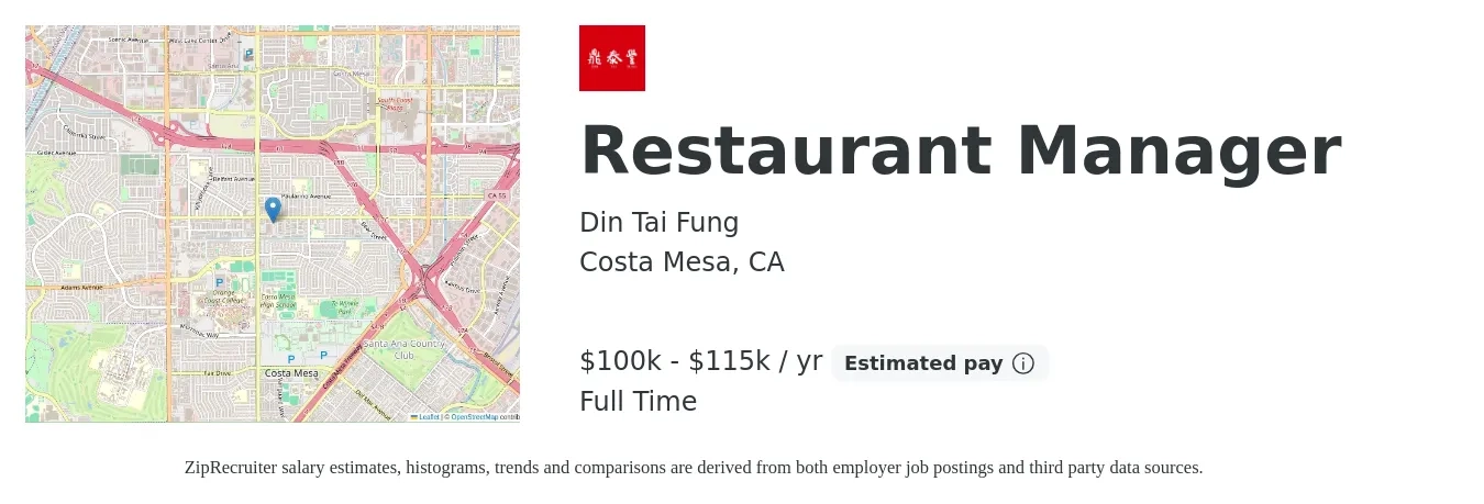 Din Tai Fung job posting for a Restaurant Manager in Costa Mesa, CA with a salary of $100,000 to $115,000 Yearly with a map of Costa Mesa location.
