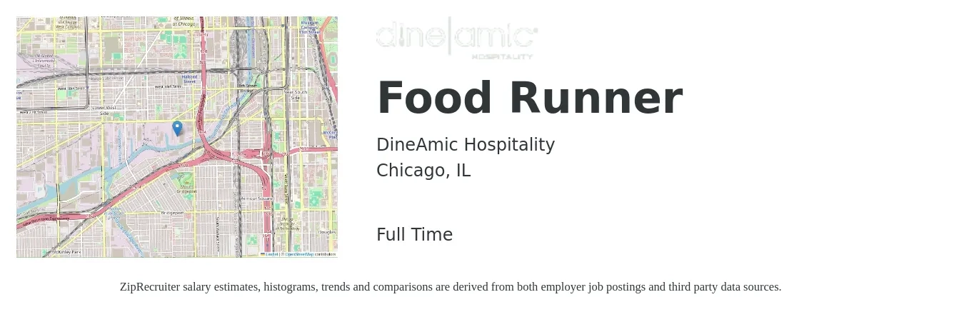 DineAmic Hospitality job posting for a Food Runner in Chicago, IL with a salary of $11 to $17 Hourly with a map of Chicago location.