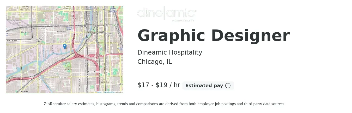 Dineamic Hospitality job posting for a Graphic Designer in Chicago, IL with a salary of $18 to $20 Hourly with a map of Chicago location.