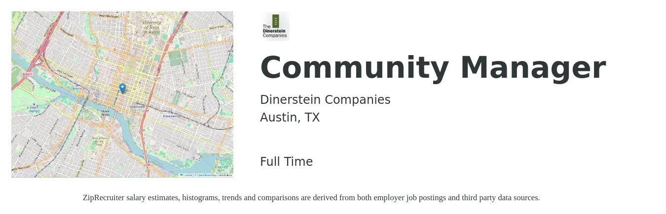Dinerstein Companies job posting for a Community Manager in Austin, TX with a salary of $46,600 to $66,400 Yearly with a map of Austin location.