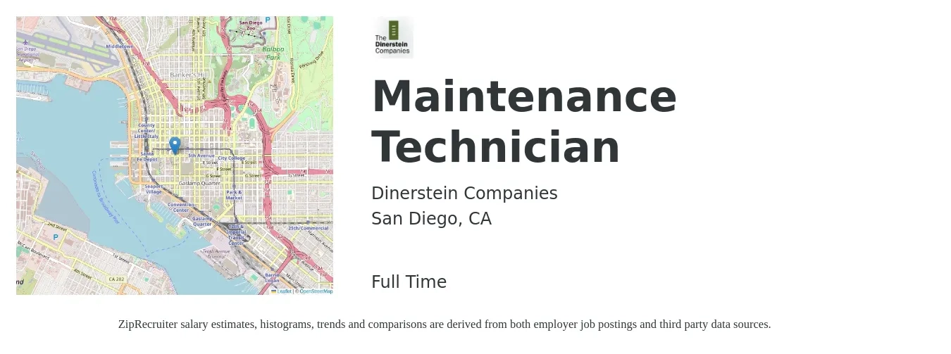 Dinerstein Companies job posting for a Maintenance Technician in San Diego, CA with a salary of $20 to $28 Hourly with a map of San Diego location.