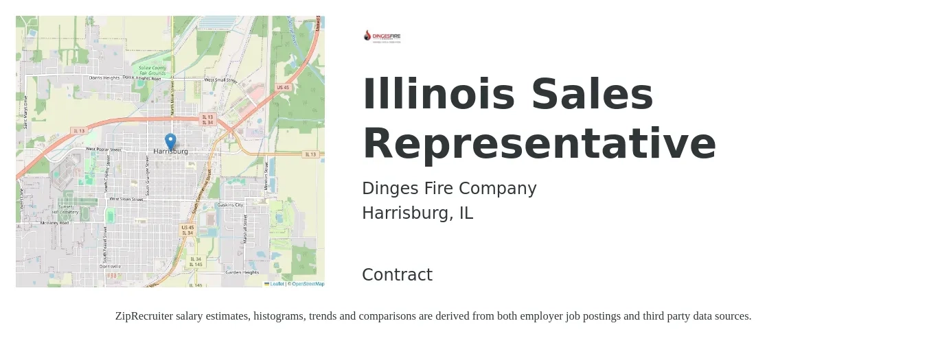 Dinges Fire Company job posting for a Illinois Sales Representative in Harrisburg, IL with a salary of $50,600 to $87,900 Yearly with a map of Harrisburg location.
