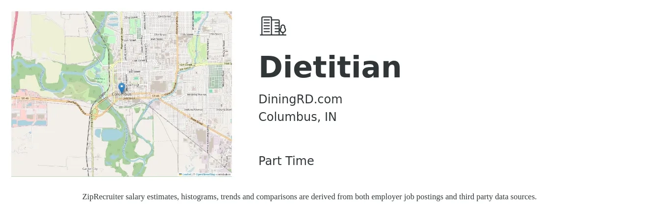 DiningRD.com job posting for a Dietitian in Columbus, IN with a salary of $29 to $39 Hourly with a map of Columbus location.