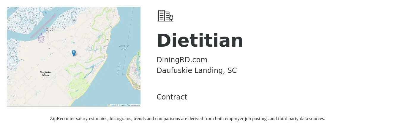 DiningRD.com job posting for a Dietitian in Daufuskie Landing, SC with a map of Daufuskie Landing location.