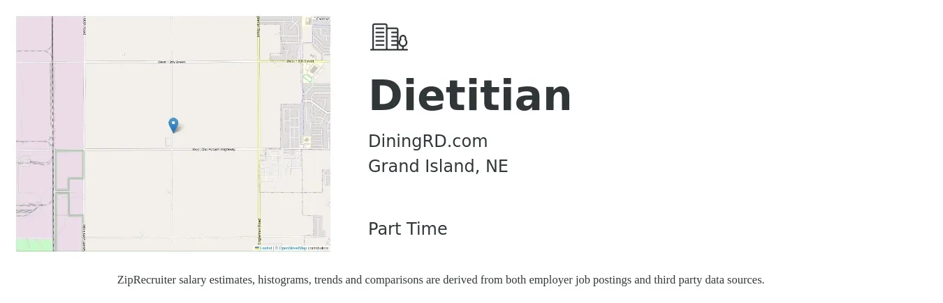 DiningRD.com job posting for a Dietitian in Grand Island, NE with a salary of $31 to $42 Hourly with a map of Grand Island location.