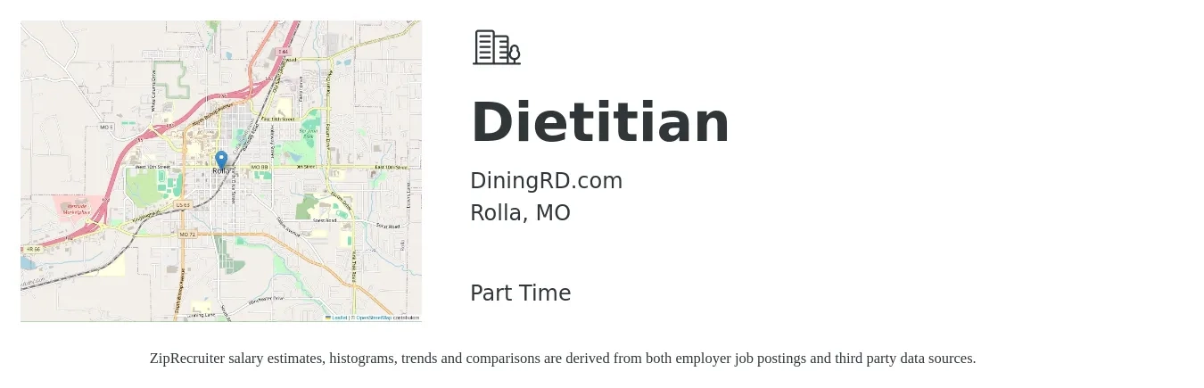 DiningRD.com job posting for a Dietitian in Rolla, MO with a salary of $31 to $41 Hourly with a map of Rolla location.