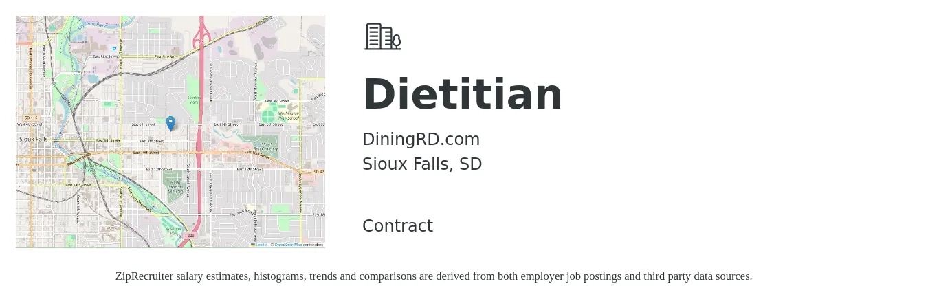 DiningRD.com job posting for a Dietitian in Sioux Falls, SD with a salary of $30 to $40 Hourly with a map of Sioux Falls location.
