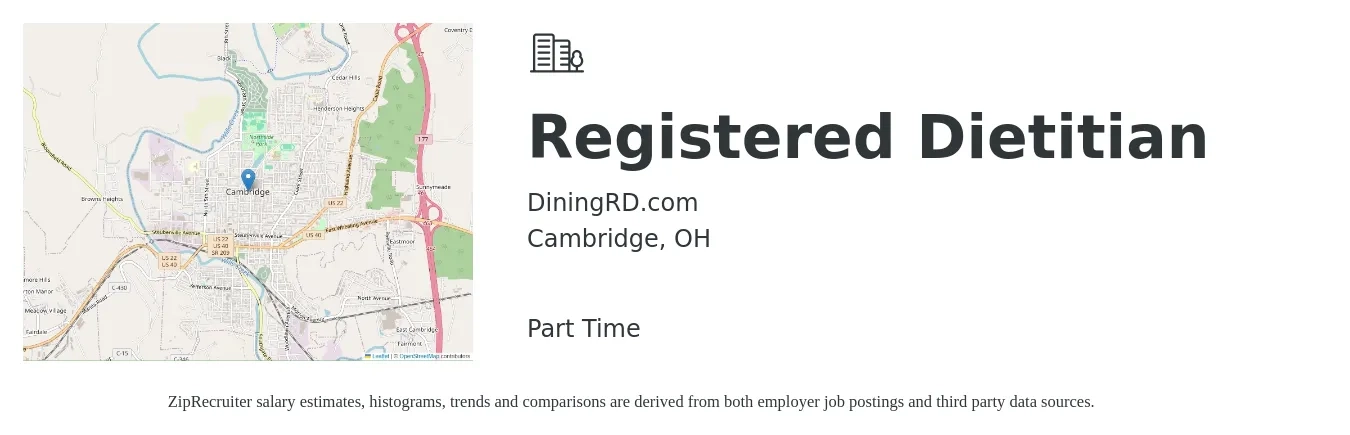 DiningRD.com job posting for a Registered Dietitian in Cambridge, OH with a salary of $28 to $37 Hourly with a map of Cambridge location.