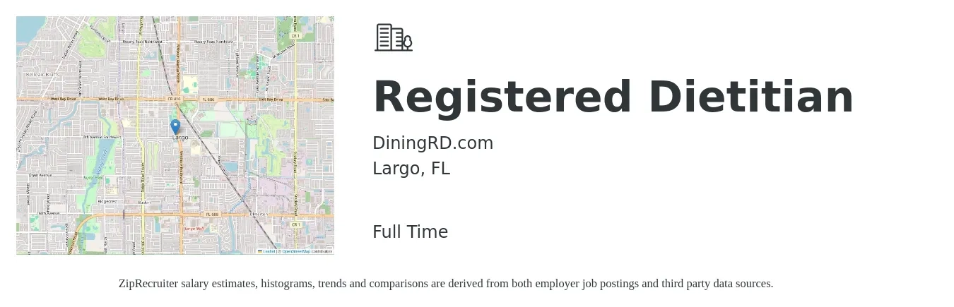 DiningRD.com job posting for a Registered Dietitian in Largo, FL with a salary of $27 to $36 Hourly with a map of Largo location.