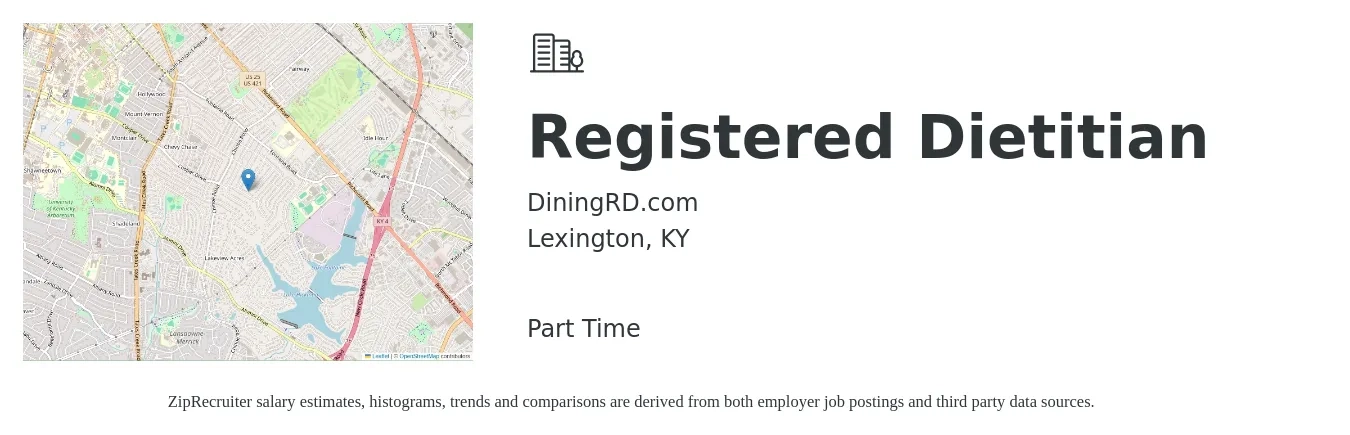 DiningRD.com job posting for a Registered Dietitian in Lexington, KY with a salary of $31 to $42 Hourly with a map of Lexington location.