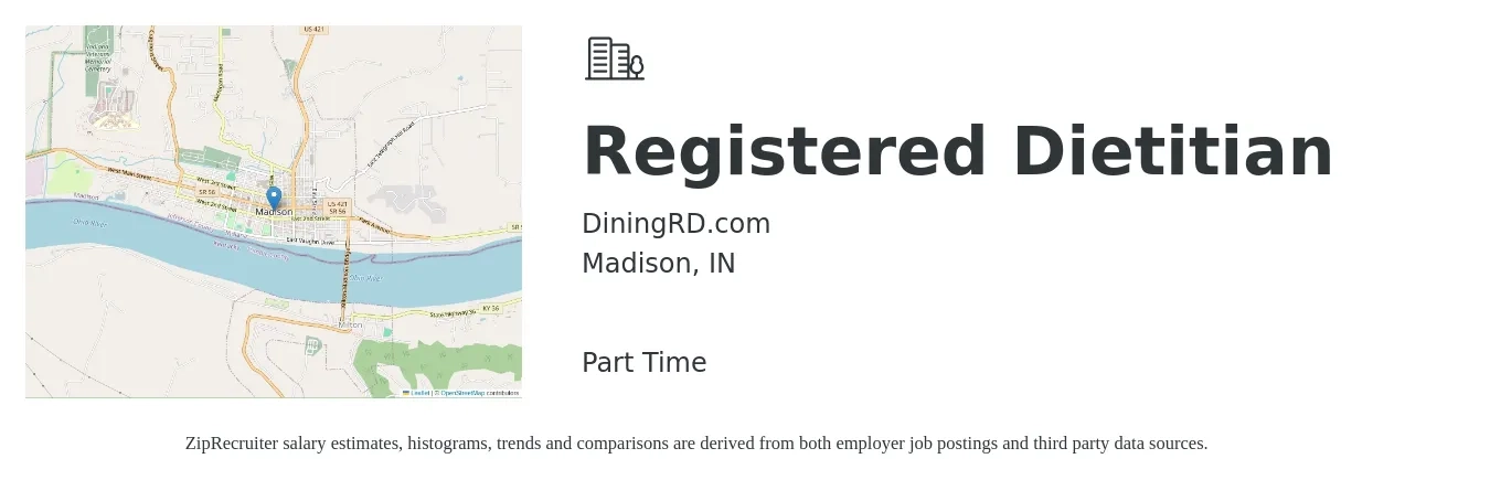 DiningRD.com job posting for a Registered Dietitian in Madison, IN with a salary of $29 to $38 Hourly with a map of Madison location.