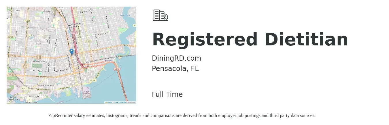 DiningRD.com job posting for a Registered Dietitian in Pensacola, FL with a salary of $30 to $40 Hourly with a map of Pensacola location.