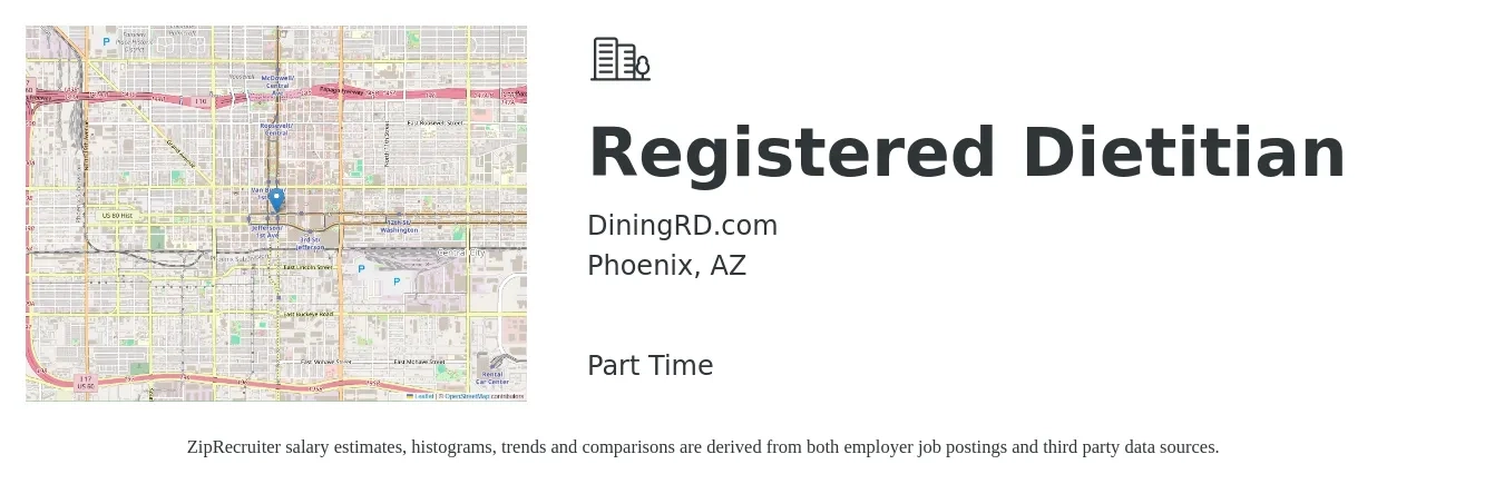 DiningRD.com job posting for a Registered Dietitian in Phoenix, AZ with a salary of $31 to $42 Hourly with a map of Phoenix location.