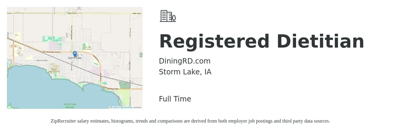 DiningRD.com job posting for a Registered Dietitian in Storm Lake, IA with a salary of $28 to $37 Hourly with a map of Storm Lake location.