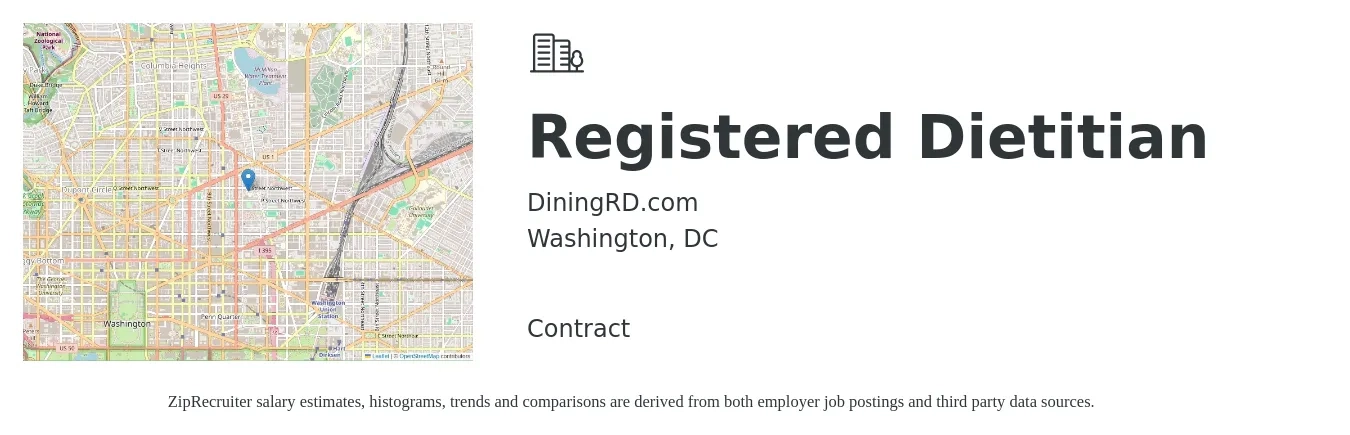 DiningRD.com job posting for a Registered Dietitian in Washington, DC with a salary of $36 to $48 Hourly with a map of Washington location.