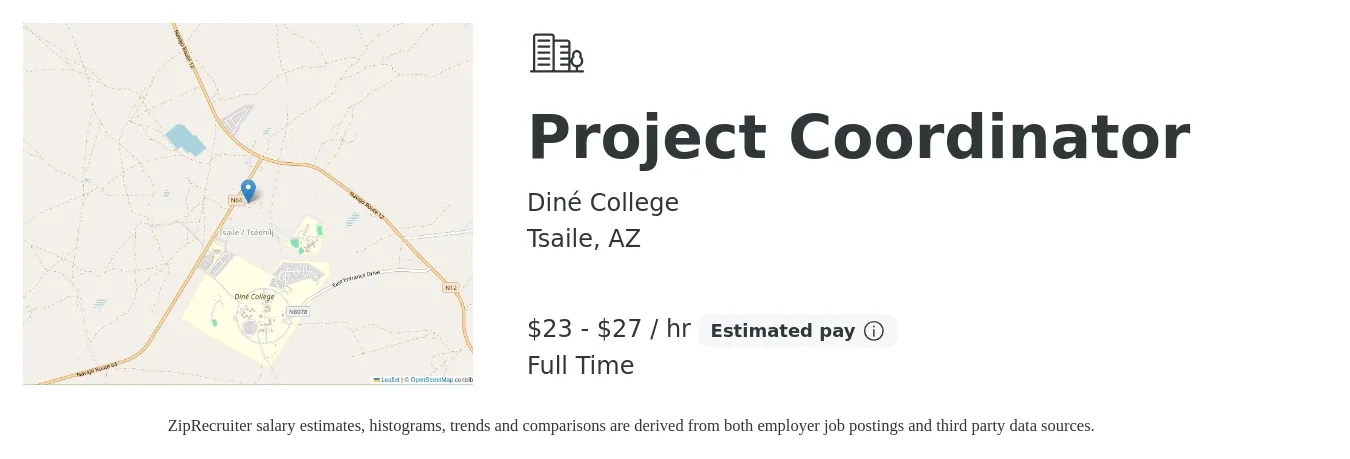 Diné College job posting for a Project Coordinator in Tsaile, AZ with a salary of $50,000 to $60,000 Yearly with a map of Tsaile location.