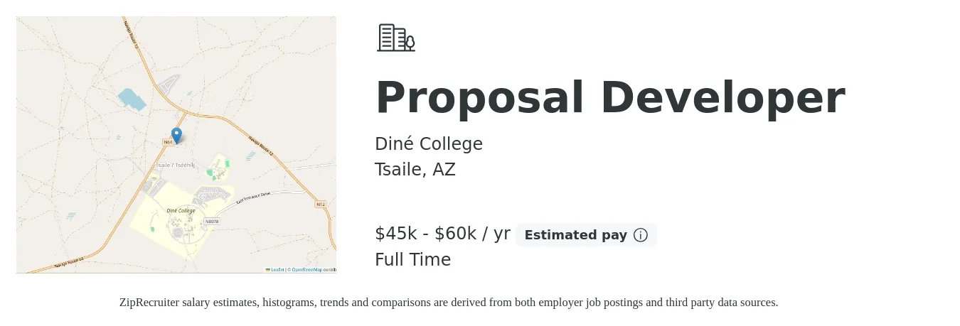 Diné College job posting for a Proposal Developer in Tsaile, AZ with a salary of $45,000 to $60,000 Yearly with a map of Tsaile location.
