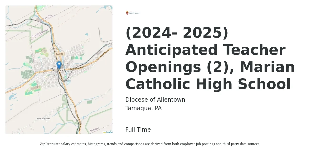 Diocese of Allentown job posting for a (2024- 2025) Anticipated Teacher Openings (2), Marian Catholic High School in Tamaqua, PA with a salary of $14 to $22 Hourly with a map of Tamaqua location.