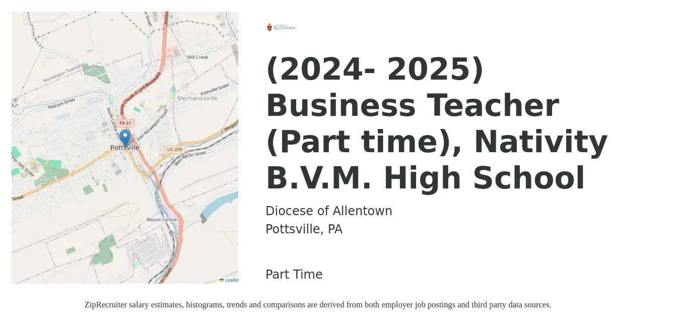 Diocese of Allentown job posting for a (2024- 2025) Business Teacher (Part time), Nativity B.V.M. High School in Pottsville, PA with a salary of $42,600 to $55,800 Yearly with a map of Pottsville location.