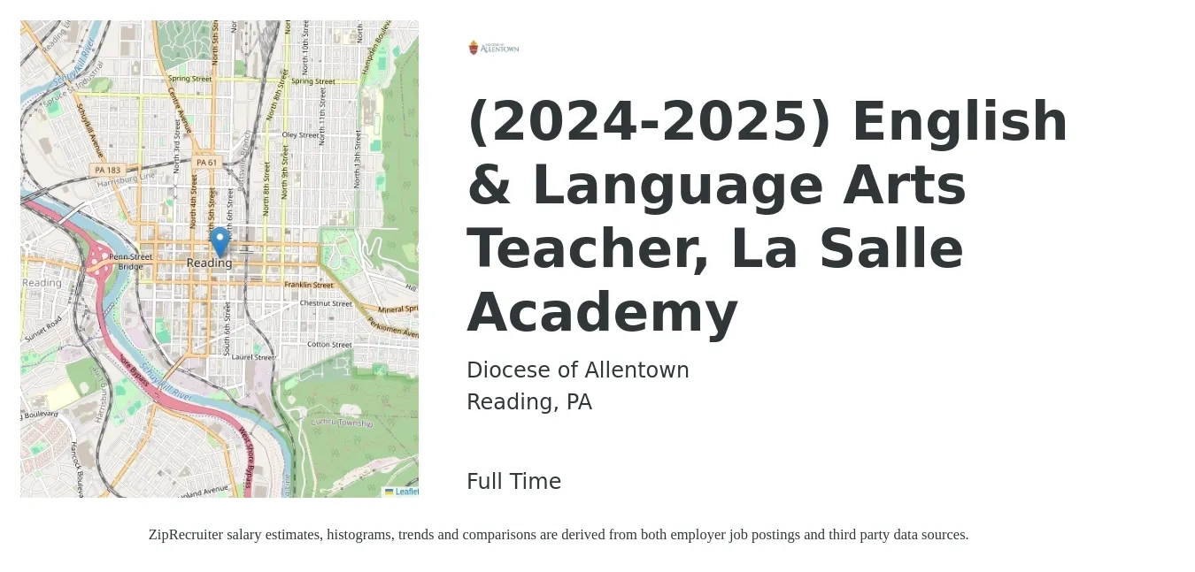Diocese of Allentown job posting for a (2024-2025) English & Language Arts Teacher, La Salle Academy in Reading, PA with a map of Reading location.