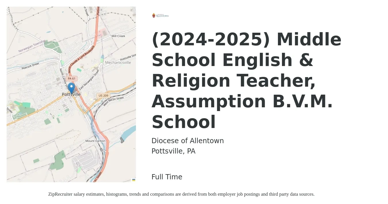Diocese of Allentown job posting for a (2024-2025) Middle School English & Religion Teacher, Assumption B.V.M. School in Pottsville, PA with a salary of $43,000 to $55,800 Yearly with a map of Pottsville location.