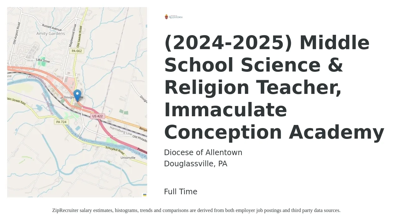Diocese of Allentown job posting for a (2024-2025) Middle School Science & Religion Teacher, Immaculate Conception Academy in Douglassville, PA with a salary of $43,200 to $56,800 Yearly with a map of Douglassville location.