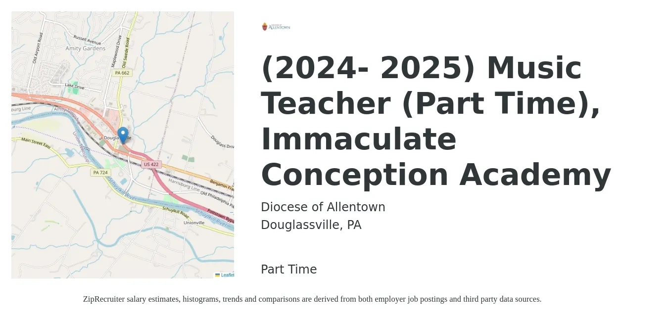 Diocese of Allentown job posting for a (2024- 2025) Music Teacher (Part Time), Immaculate Conception Academy in Douglassville, PA with a salary of $23 to $33 Hourly with a map of Douglassville location.