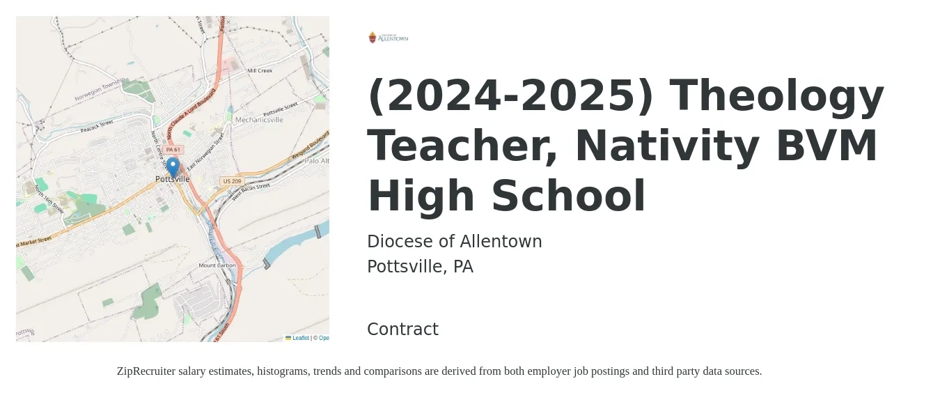 Diocese of Allentown job posting for a (2024-2025) Theology Teacher, Nativity BVM High School in Pottsville, PA with a salary of $30,700 to $52,200 Yearly with a map of Pottsville location.