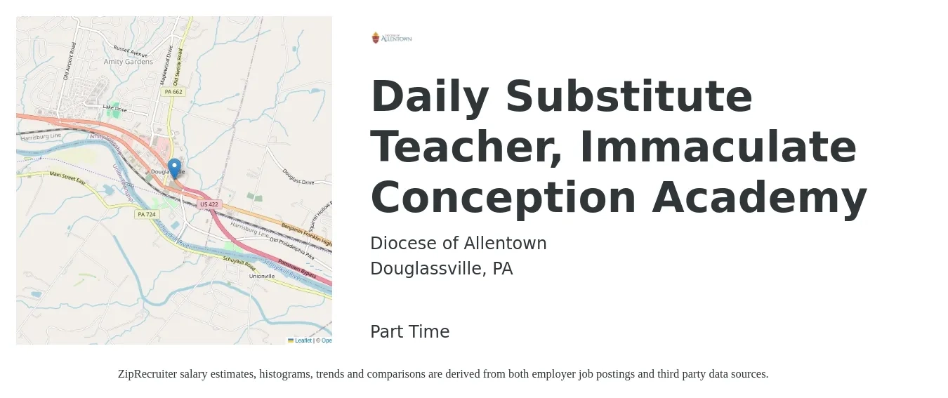 Diocese of Allentown job posting for a Daily Substitute Teacher, Immaculate Conception Academy in Douglassville, PA with a salary of $116 to $188 Daily with a map of Douglassville location.