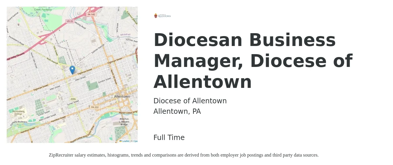 Diocese of Allentown job posting for a Diocesan Business Manager, Diocese of Allentown in Allentown, PA with a salary of $40,700 to $81,300 Yearly with a map of Allentown location.